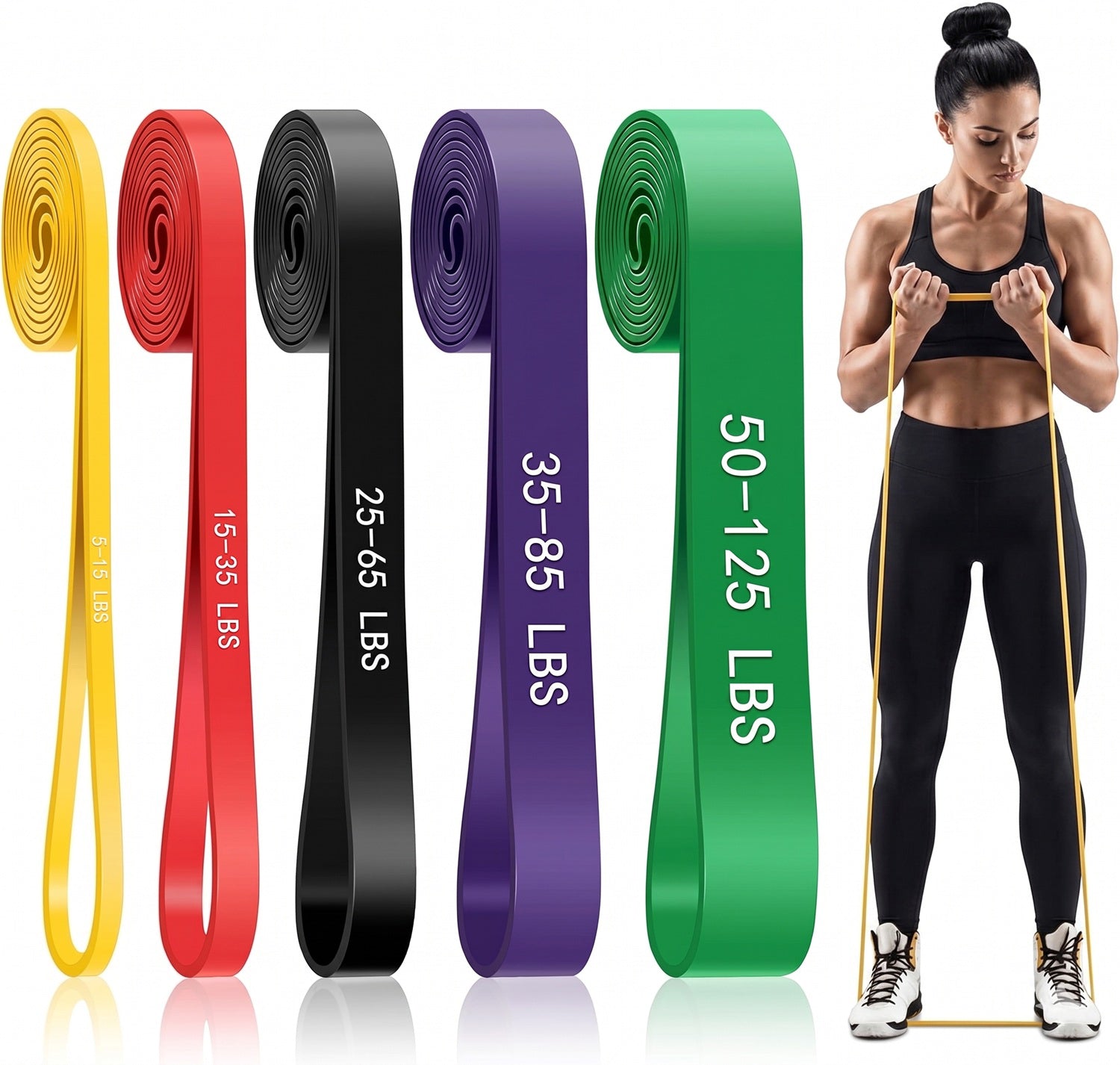 Set of resistance bands or pull-up bands in various colors with labels.