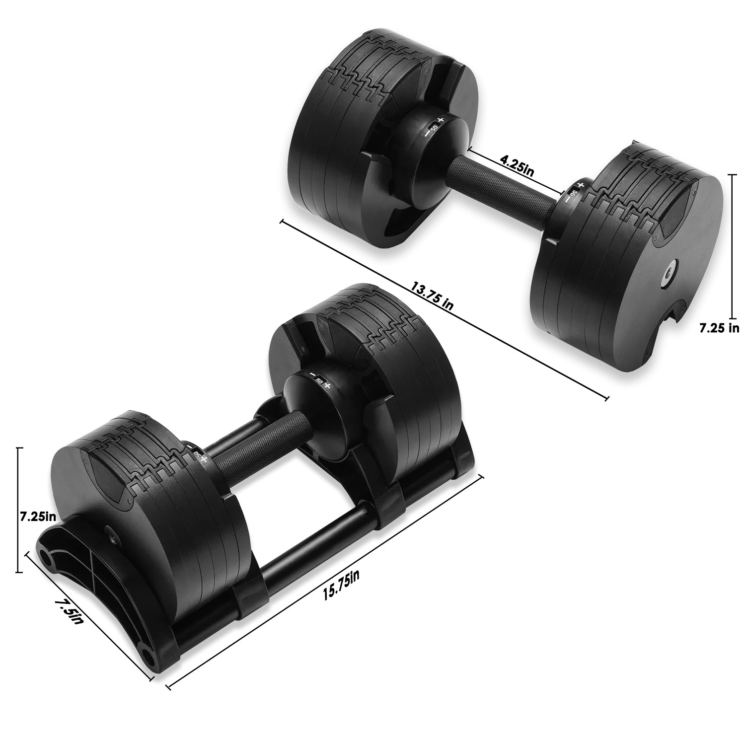 NUO, Adjustable Dumbbell, Dumbbells, weights, bench press, NUO 50lbs, Blackout, Dimensions