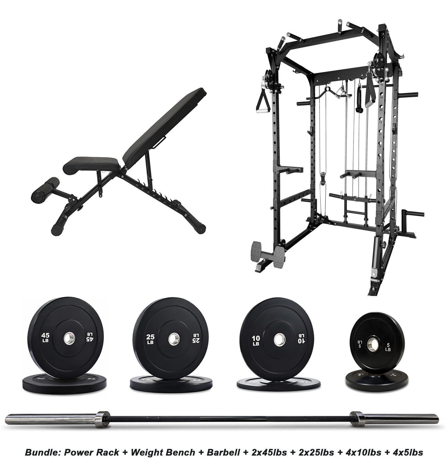 Gym equipment bundle including power rack, weight bench, barbell, and weight plates.