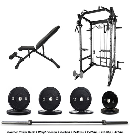 Gym equipment bundle including power rack, weight bench, barbell, and weight plates.