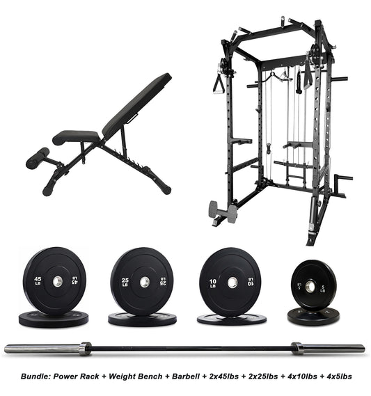 Gym equipment bundle including power rack, weight bench, barbell, and weight plates.