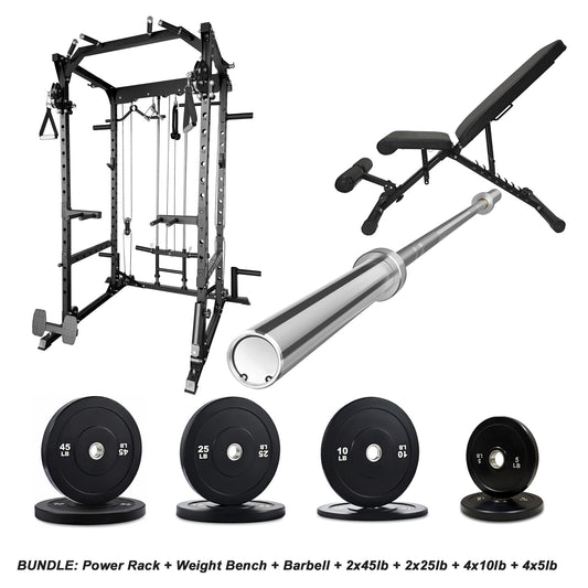 Multifunctional Power Rack, Weight Bench, Barbell, Rubber Bumper Plates