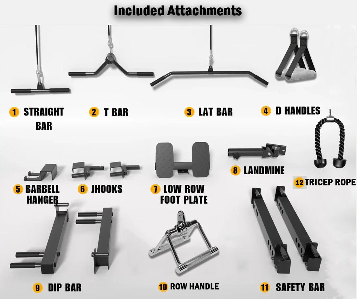 List of included attachments for a multi functional power rack.