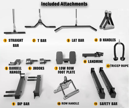 List of included attachments for a multi functional power rack.