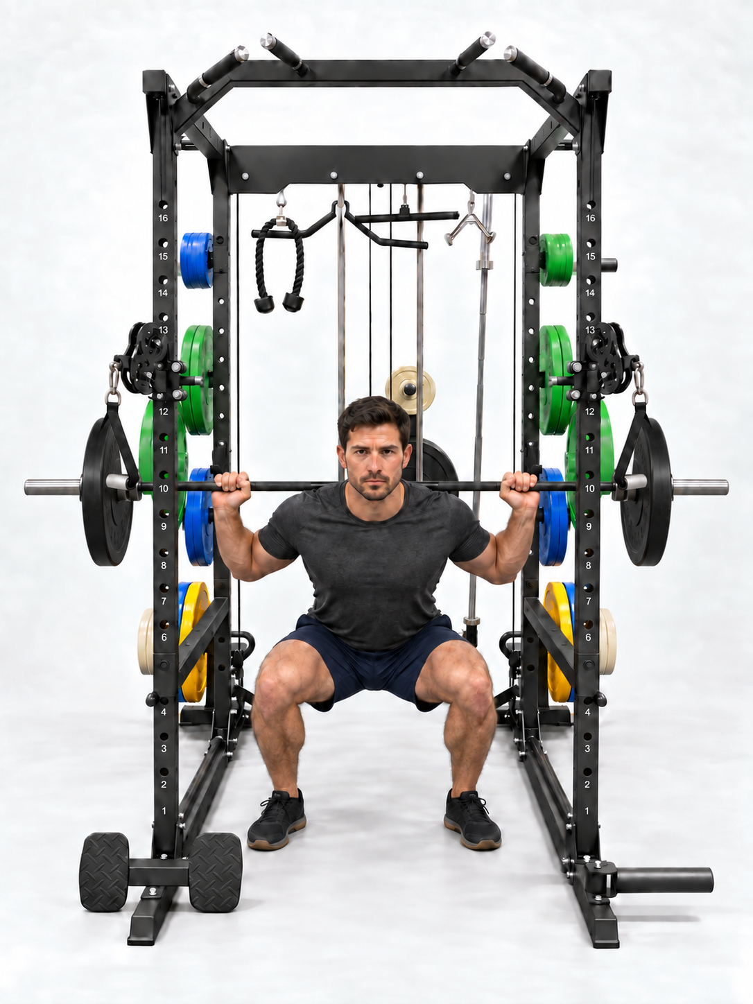 Man doing the squat using the rack